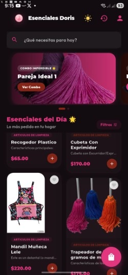 Pantalla de la aplicación Esenciales Doris en Modo Oscuro